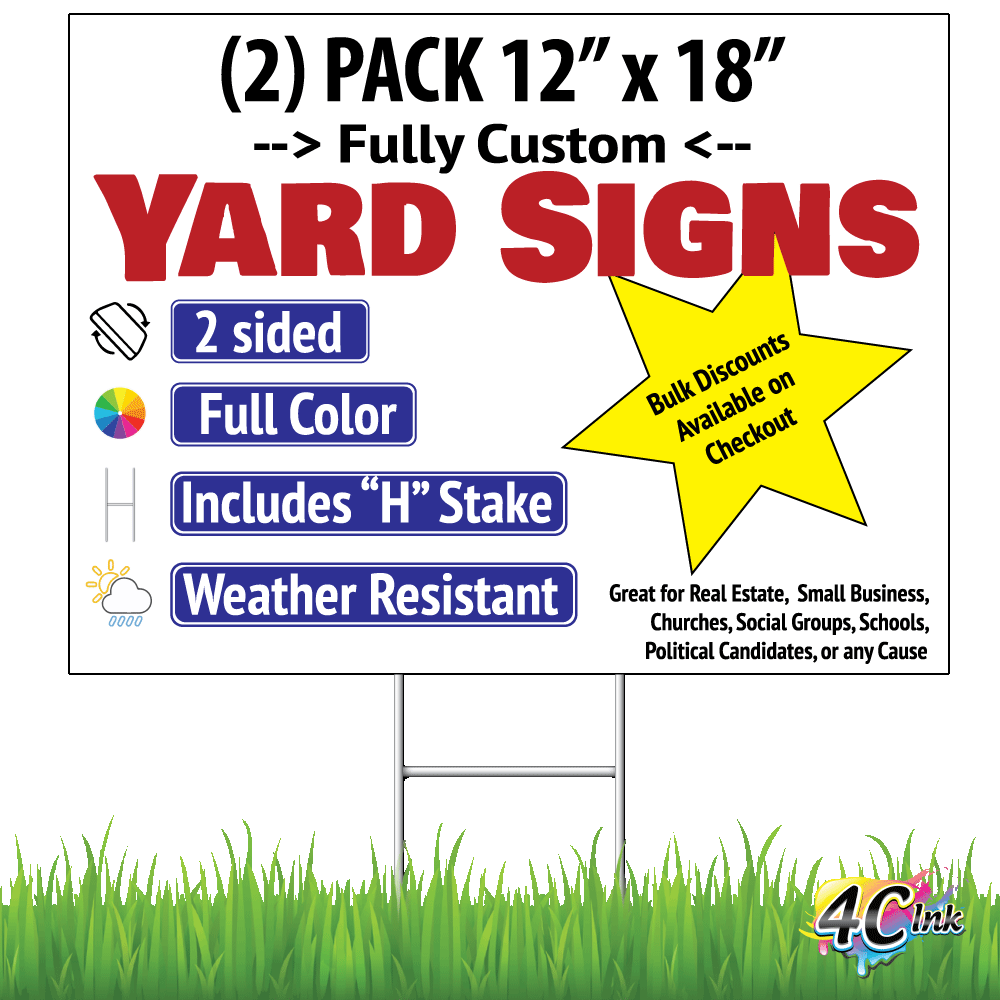 (2) Pack Half Size Custom Upload Your Own Image Yard Sign, Business, for Sale, for Rent, Latex Ink Printed Full Color on 2 Sides - 12 x 18, Galvanized Wire Stakes Included