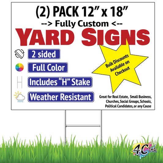 (2) Pack Half Size Custom Upload Your Own Image Yard Sign, Business, for Sale, for Rent, Latex Ink Printed Full Color on 2 Sides - 12 x 18, Galvanized Wire Stakes Included